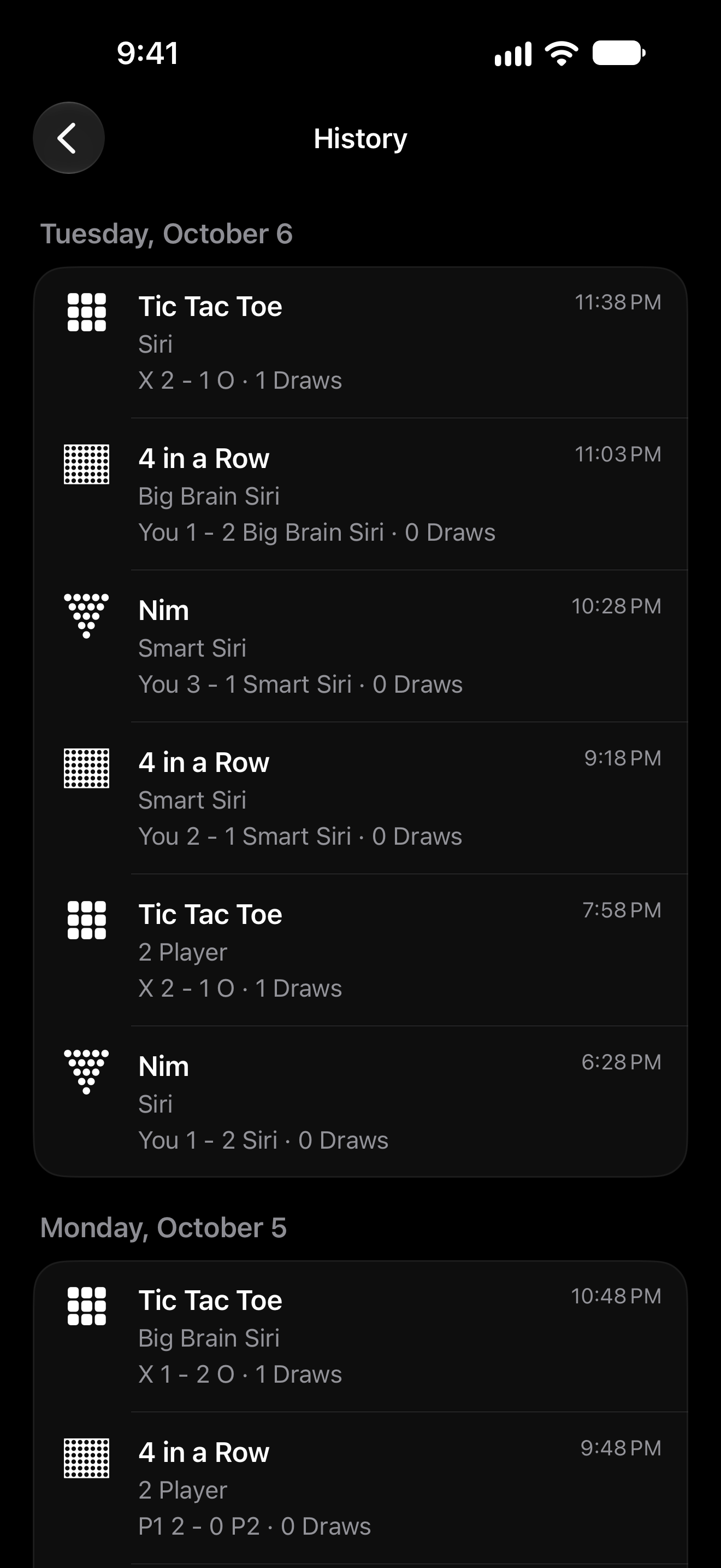 Row Games history with past Tic Tac Toe, 4 in a Row, and Nim matches.
